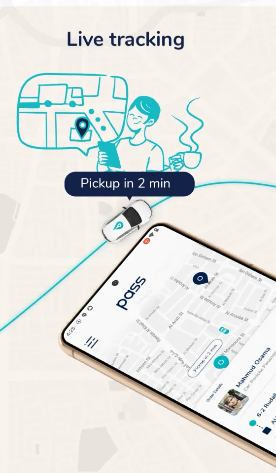 Pass store screenshot: live tracking, a courier's car on the map with 'Pickup in 2 min'