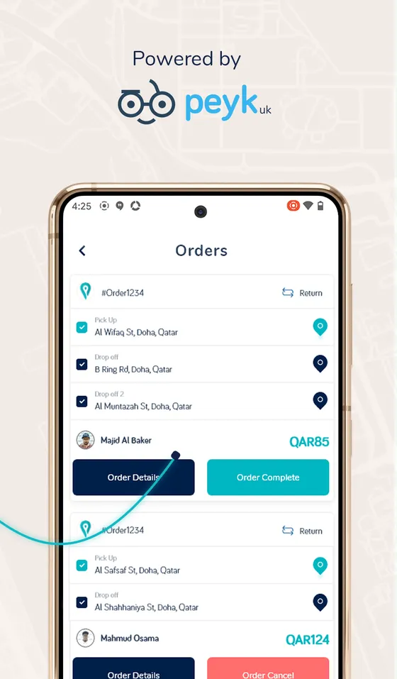 Pass store screenshot: driver orders list with pick-up and drop-off addresses in Doha, fares and order actions