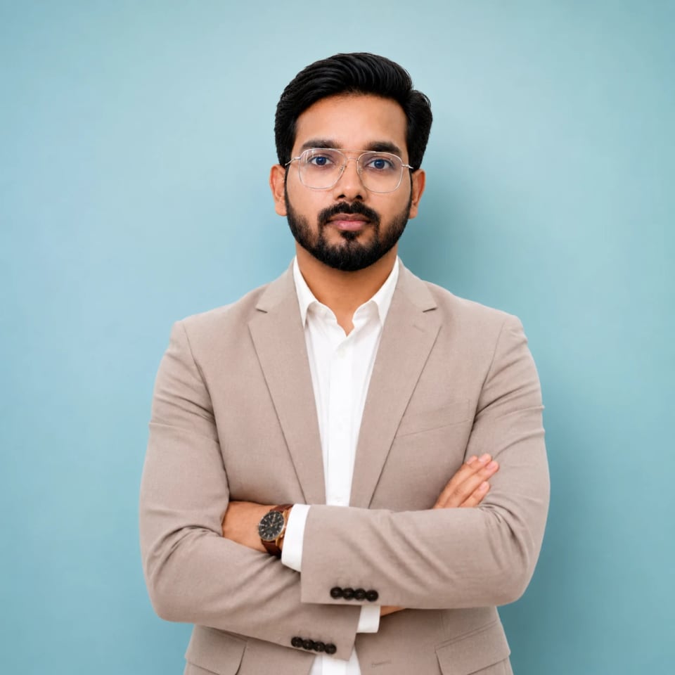 Afaque Jaya, wearing glasses and a beige blazer, arms crossed