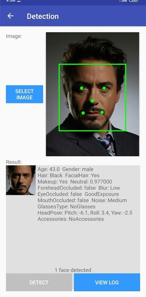Face detection result for one face: landmarks drawn on the face, age 43, gender male, emotion and accessories listed
