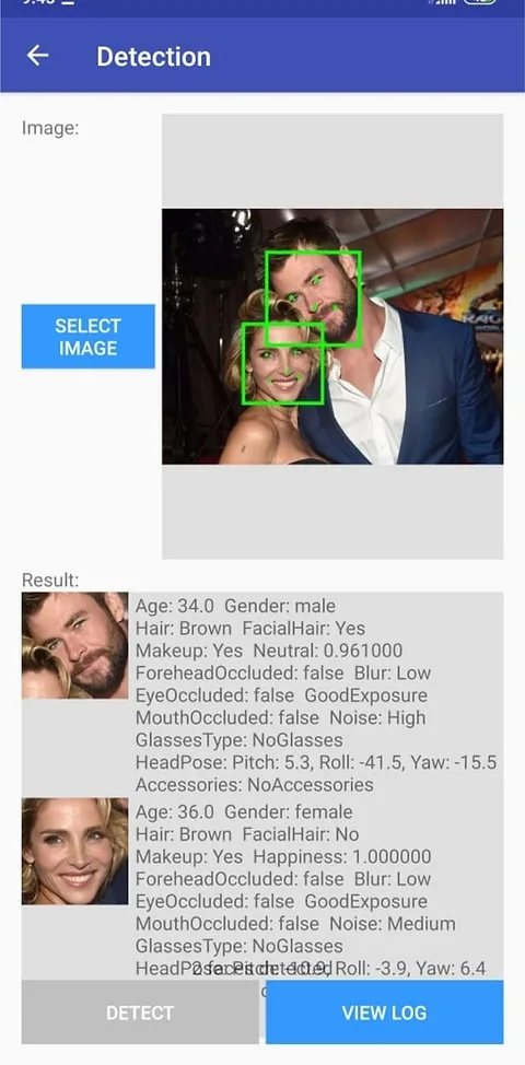Face detection result for a photo of two people, with attributes listed for each face