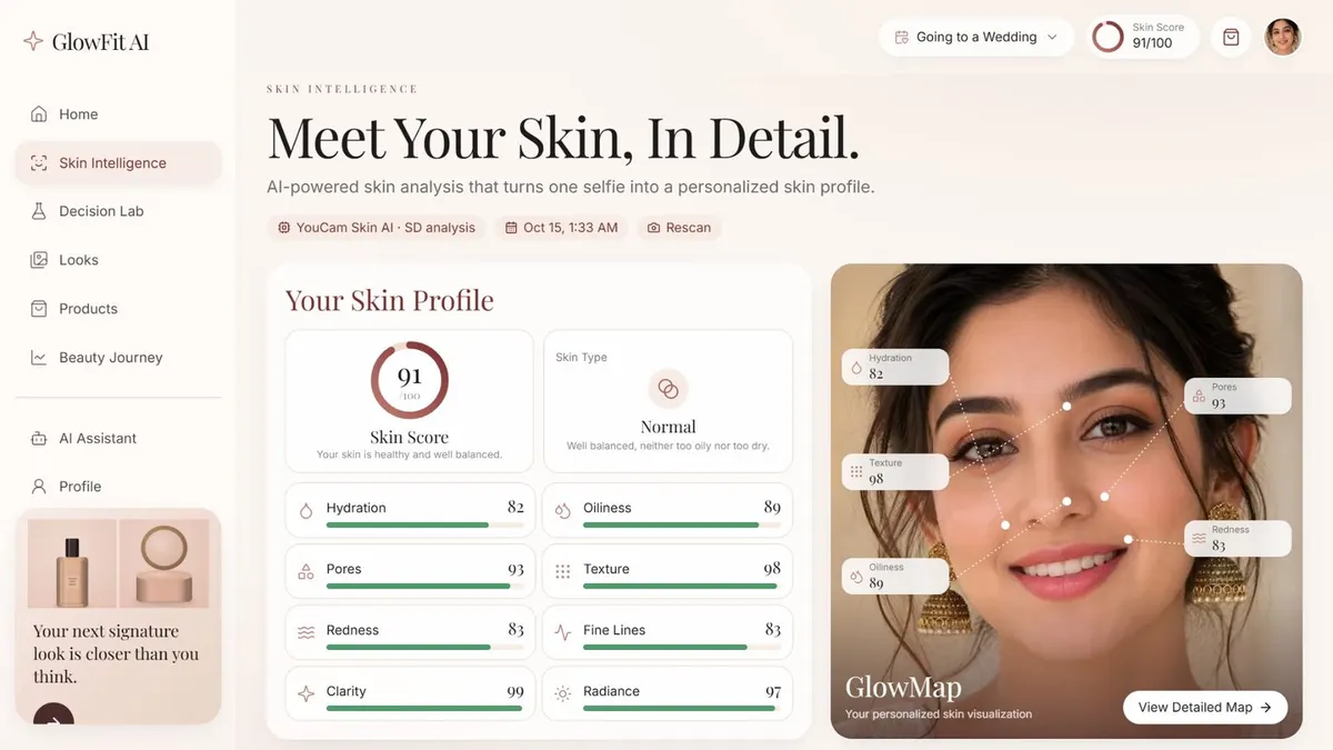 GlowFit Skin Intelligence screen: skin score, eight skin metrics and an AI GlowMap on the face