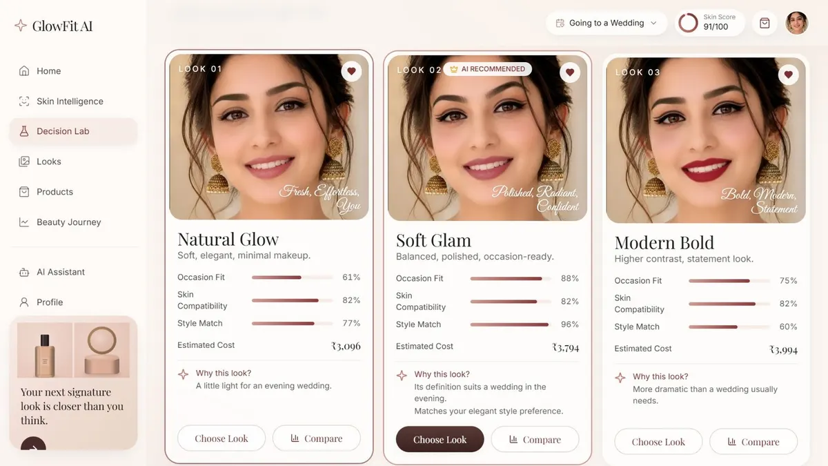 GlowFit Decision Lab: three makeup looks rendered on the same face with match scores