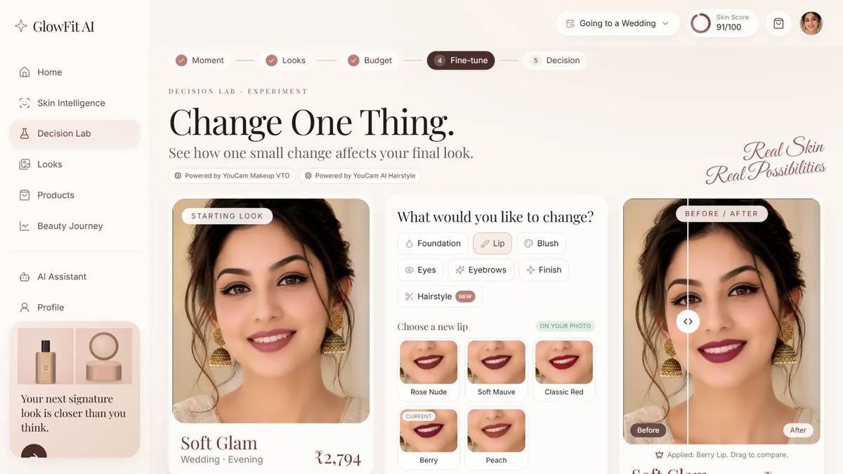 GlowFit Change One Thing: lip shade options with a before and after slider