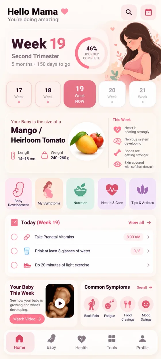Pregnancy Tracker home screen: Week 19, second trimester, 46% of the journey complete, a week selector, baby size this week and today’s reminders